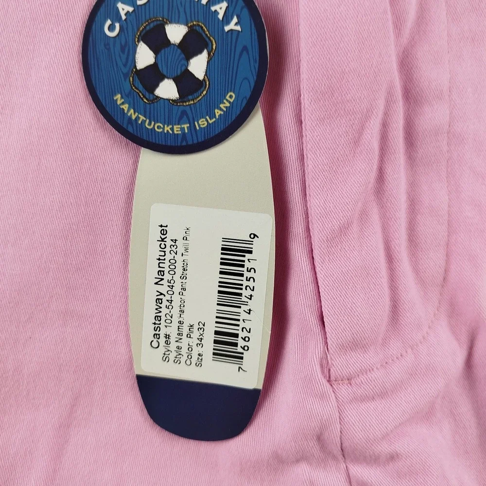 NWT Castaway Nantucket Mens Pants Pink Mens Size 34x32 Harbor Pant Stretch Twill